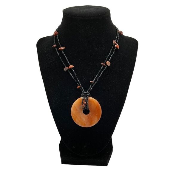 Agate Necklace Natural Stone Donut Pendant Amber Color Black Bead Chain - Picture 1 of 10